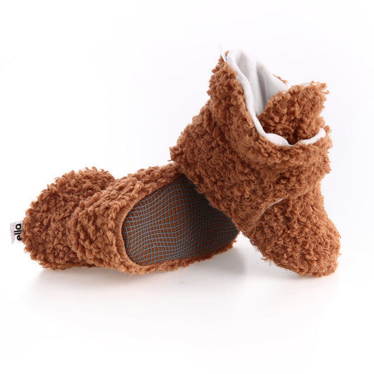 Non-Slip Sole, Organic Cotton Inner Lining,Newborn Shoes ,Tedy Booties, Light Brown Baby Booties