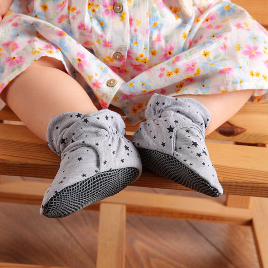 Organic Cotton Baby Booties, Non-Slip Sole, Cotton Newborn Booties Home Nursery Shoes, Star Gray