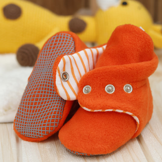 Anti-Slip Sole, Fleece Baby Booties, Newborn Home Booties, Sweat Proof Organic Cotton Lining, Orange