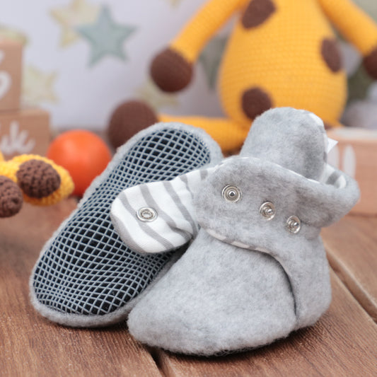 Anti-Slip Sole, Fleece Baby Booties, Newborn Home Booties, Sweat Proof Organic Cotton Lining, Gray