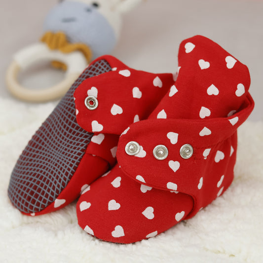 Organic Cotton Baby Booties, Non-Slip Sole, Cotton Newborn Booties Home Nursery Shoes, Hearts Red