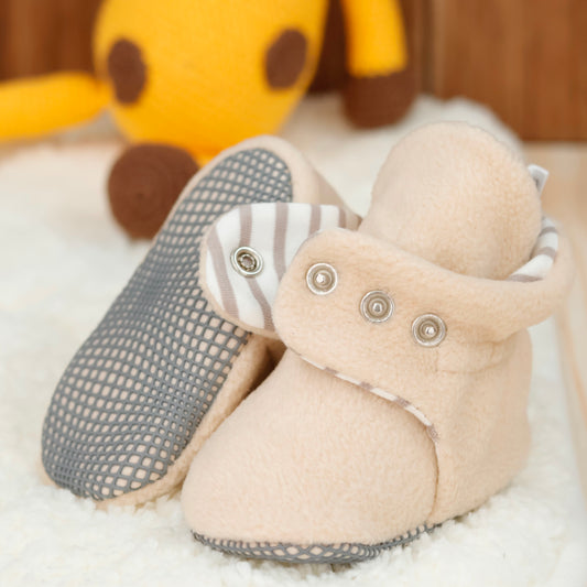 Anti-Slip Sole, Fleece Baby Booties, Newborn Home Booties, Sweat Proof Organic Cotton Lining, Beige