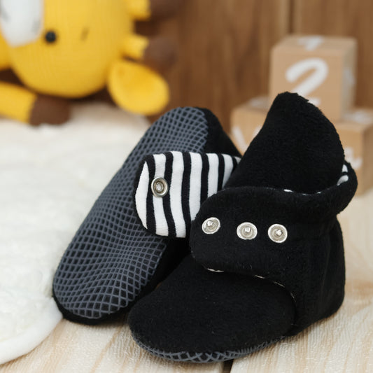 Anti-Slip Sole, Fleece Baby Booties, Newborn Home Booties, Sweat Proof Organic Cotton Lining, Black