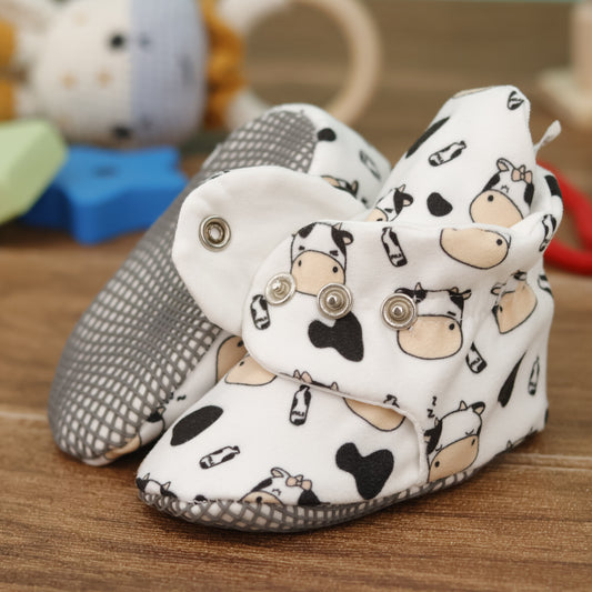 Organic Cotton Baby Booties, Non-Slip Sole, Cotton Newborn Booties Home Nursery Shoes, Cow
