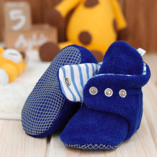 Anti-Slip Sole, Fleece Baby Booties, Newborn Home Booties, Sweat Proof Organic Cotton Lining, Navy Blue