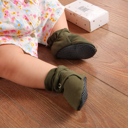 Organic Cotton Baby Booties, Non-Slip Sole, Cotton Newborn Booties Home Nursery Shoes, Khaki