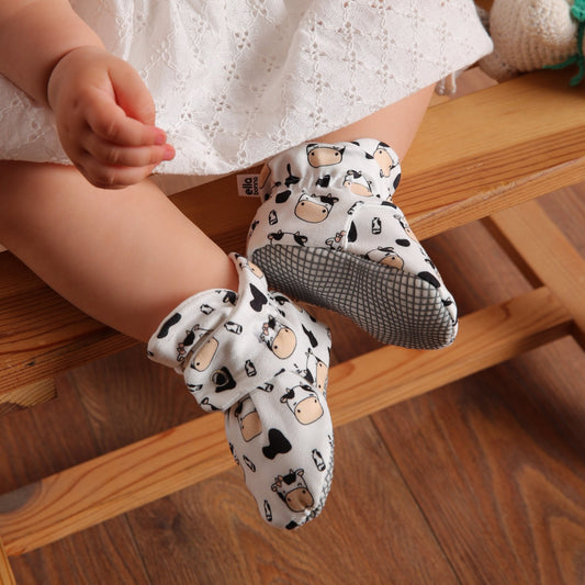 Organic Cotton Baby Booties, Non-Slip Sole, Cotton Newborn Booties Home Nursery Shoes, Cow