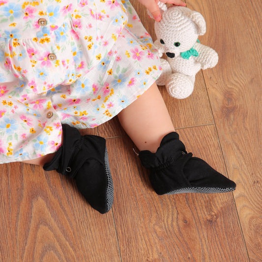 Organic Cotton Baby Booties, Non-Slip Sole, Cotton Newborn Booties Home Nursery Shoes, Black